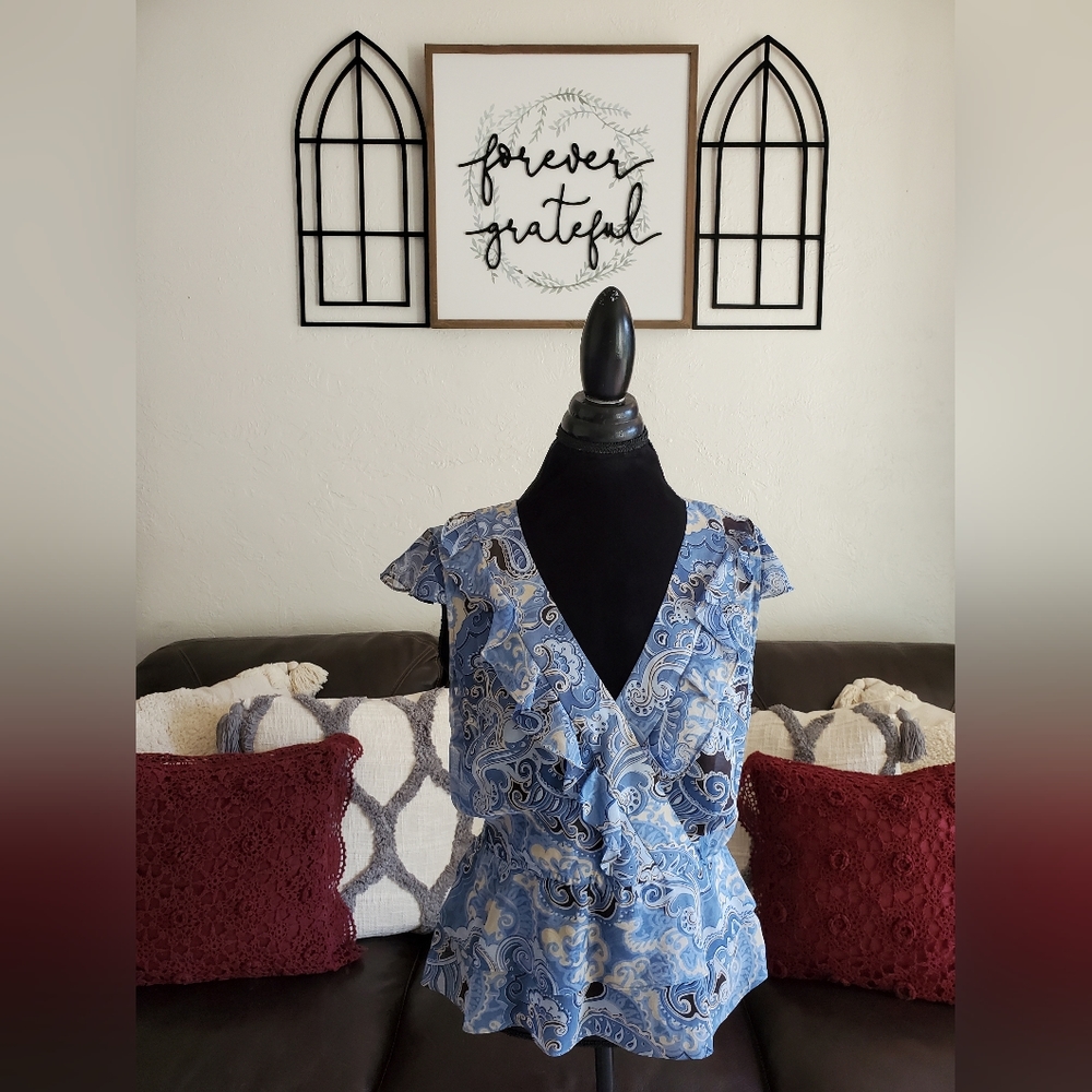 Vintage Y2K 90's 100% Silk Paisley Blue Blouse Size 12 Classic Boho Chic